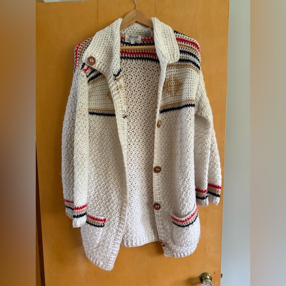 White Cable Knit Sweater with Red and Blue Accents “742” Made in Korea